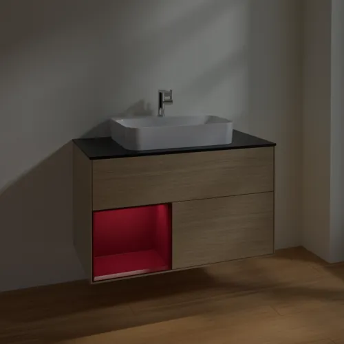 VILLEROY BOCH Finion Waschbeckenunterschrank, mit Beleuchtung, 2 Auszüge, 1000 x 603 x 501 mm, Oak Veneer / Peony Matt Lacquer / Glass Black Matt #F362HBPC, Bild 5