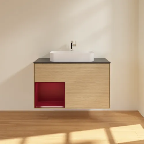 VILLEROY BOCH Finion Waschbeckenunterschrank, mit Beleuchtung, 2 Auszüge, 1000 x 603 x 501 mm, Oak Veneer / Peony Matt Lacquer / Glass Black Matt #F362HBPC, Bild 3