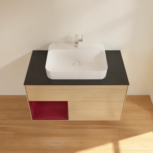VILLEROY BOCH Finion Waschbeckenunterschrank, mit Beleuchtung, 2 Auszüge, 1000 x 603 x 501 mm, Oak Veneer / Peony Matt Lacquer / Glass Black Matt #F362HBPC, Bild 4