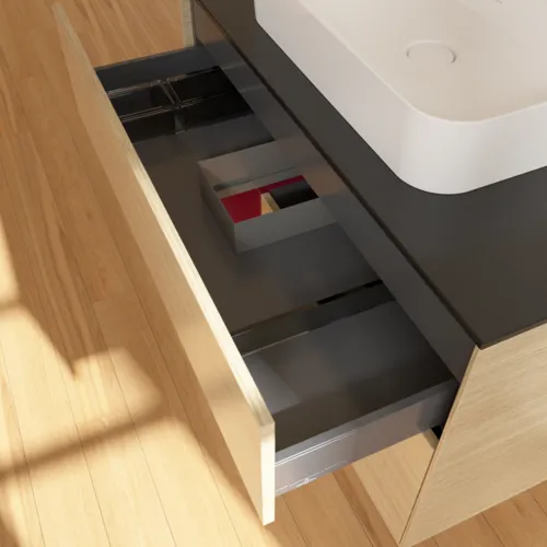 VILLEROY BOCH Finion Waschbeckenunterschrank, mit Beleuchtung, 2 Auszüge, 1000 x 603 x 501 mm, Oak Veneer / Peony Matt Lacquer / Glass Black Matt #F362HBPC, Bild 8