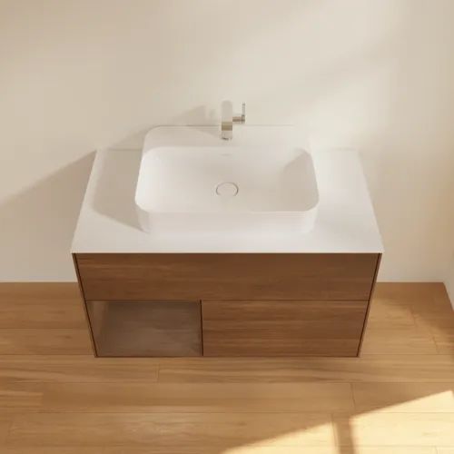 VILLEROY BOCH Finion Waschbeckenunterschrank, mit Beleuchtung, 2 Auszüge, 1000 x 603 x 501 mm, Walnut Veneer / Walnut Veneer / Glass White Matt #F361GNGN, Bild 4