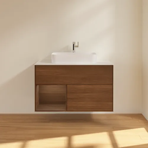 VILLEROY BOCH Finion Waschbeckenunterschrank, mit Beleuchtung, 2 Auszüge, 1000 x 603 x 501 mm, Walnut Veneer / Walnut Veneer / Glass White Matt #F361GNGN, Bild 3