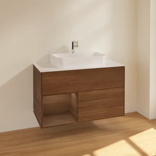 VILLEROY BOCH Finion Waschbeckenunterschrank, mit Beleuchtung, 2 Auszüge, 1000 x 603 x 501 mm, Walnut Veneer / Walnut Veneer / Glass White Matt #F361GNGN, Bild 2