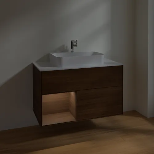 VILLEROY BOCH Finion Waschbeckenunterschrank, mit Beleuchtung, 2 Auszüge, 1000 x 603 x 501 mm, Walnut Veneer / Walnut Veneer / Glass White Matt #F361GNGN, Bild 5