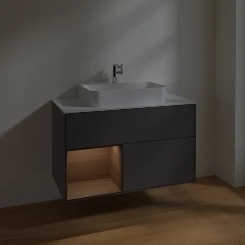 VILLEROY BOCH Finion Waschbeckenunterschrank, mit Beleuchtung, 2 Auszüge, 1000 x 603 x 501 mm, Anthracite Matt Lacquer / Walnut Veneer / Glass White Matt #F361GNGK, Bild 5