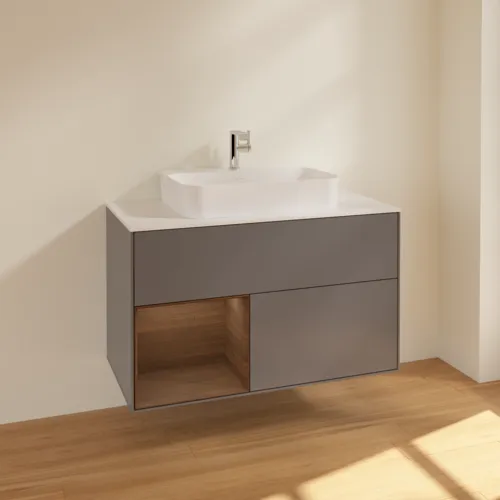VILLEROY BOCH Finion Waschbeckenunterschrank, mit Beleuchtung, 2 Auszüge, 1000 x 603 x 501 mm, Anthracite Matt Lacquer / Walnut Veneer / Glass White Matt #F361GNGK, Bild 2