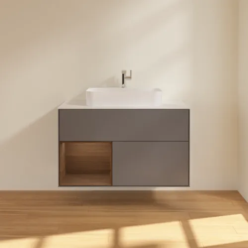 VILLEROY BOCH Finion Waschbeckenunterschrank, mit Beleuchtung, 2 Auszüge, 1000 x 603 x 501 mm, Anthracite Matt Lacquer / Walnut Veneer / Glass White Matt #F361GNGK, Bild 3