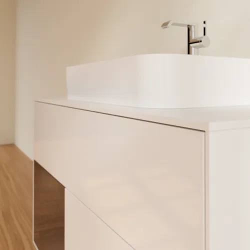 Bild von VILLEROY BOCH Finion Waschbeckenunterschrank, mit Beleuchtung, 2 Auszüge, 1000 x 603 x 501 mm, Glossy White Lacquer / Walnut Veneer / Glass White Matt #F361GNGF