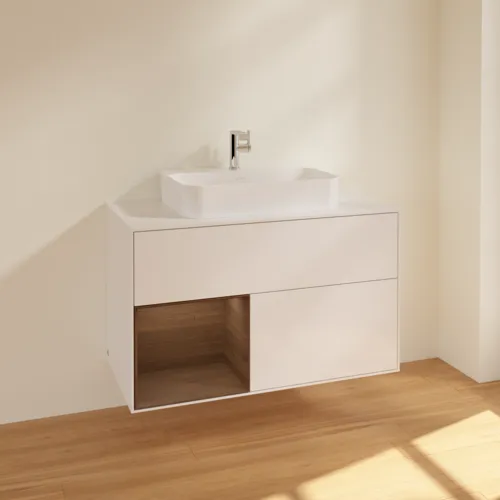 Bild von VILLEROY BOCH Finion Waschbeckenunterschrank, mit Beleuchtung, 2 Auszüge, 1000 x 603 x 501 mm, Glossy White Lacquer / Walnut Veneer / Glass White Matt #F361GNGF