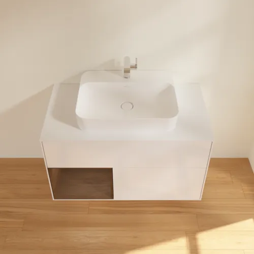 Bild von VILLEROY BOCH Finion Waschbeckenunterschrank, mit Beleuchtung, 2 Auszüge, 1000 x 603 x 501 mm, Glossy White Lacquer / Walnut Veneer / Glass White Matt #F361GNGF