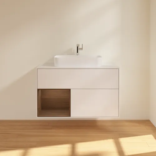 Bild von VILLEROY BOCH Finion Waschbeckenunterschrank, mit Beleuchtung, 2 Auszüge, 1000 x 603 x 501 mm, Glossy White Lacquer / Walnut Veneer / Glass White Matt #F361GNGF