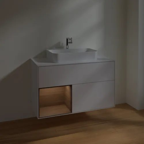 Bild von VILLEROY BOCH Finion Waschbeckenunterschrank, mit Beleuchtung, 2 Auszüge, 1000 x 603 x 501 mm, Glossy White Lacquer / Walnut Veneer / Glass White Matt #F361GNGF