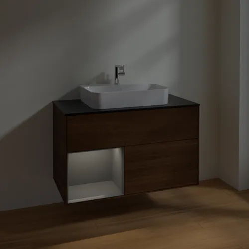 Bild von VILLEROY BOCH Finion Waschbeckenunterschrank, mit Beleuchtung, 2 Auszüge, 1000 x 603 x 501 mm, Walnut Veneer / Anthracite Matt Lacquer / Glass Black Matt #F362GKGN