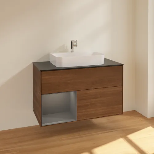 Bild von VILLEROY BOCH Finion Waschbeckenunterschrank, mit Beleuchtung, 2 Auszüge, 1000 x 603 x 501 mm, Walnut Veneer / Anthracite Matt Lacquer / Glass Black Matt #F362GKGN