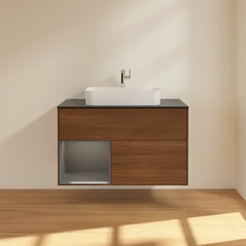 Bild von VILLEROY BOCH Finion Waschbeckenunterschrank, mit Beleuchtung, 2 Auszüge, 1000 x 603 x 501 mm, Walnut Veneer / Anthracite Matt Lacquer / Glass Black Matt #F362GKGN