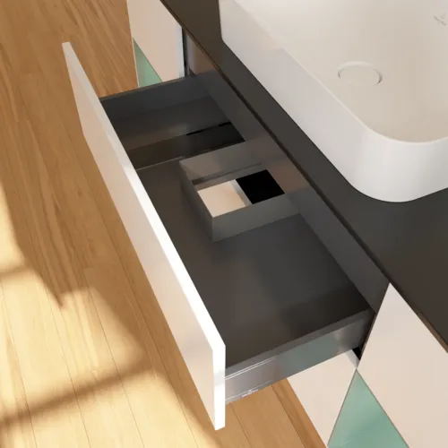 Bild von VILLEROY BOCH Finion Waschbeckenunterschrank, mit Beleuchtung, 4 Auszüge, 1600 x 603 x 501 mm, White Matt Lacquer / Olive Matt Lacquer / Glass Black Matt #F332GMMT