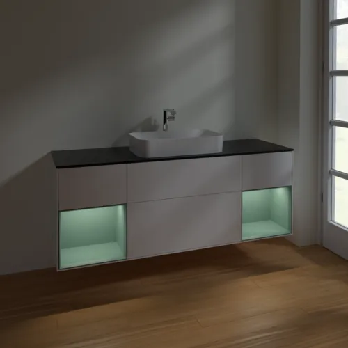 Bild von VILLEROY BOCH Finion Waschbeckenunterschrank, mit Beleuchtung, 4 Auszüge, 1600 x 603 x 501 mm, White Matt Lacquer / Olive Matt Lacquer / Glass Black Matt #F332GMMT