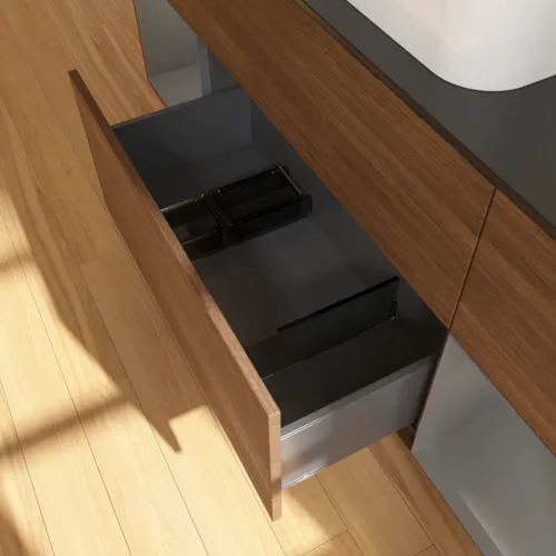Bild von VILLEROY BOCH Finion Waschbeckenunterschrank, mit Beleuchtung, 4 Auszüge, 1600 x 603 x 501 mm, Walnut Veneer / Anthracite Matt Lacquer / Glass Black Matt #F332GKGN