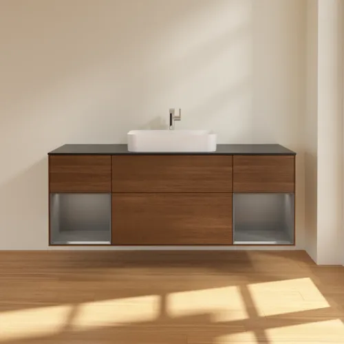 Bild von VILLEROY BOCH Finion Waschbeckenunterschrank, mit Beleuchtung, 4 Auszüge, 1600 x 603 x 501 mm, Walnut Veneer / Anthracite Matt Lacquer / Glass Black Matt #F332GKGN