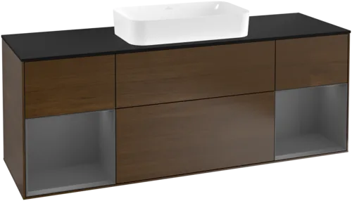 Picture of VILLEROY BOCH Finion Vanity unit, with lighting, 4 pull-out compartments, 1600 x 603 x 501 mm, Walnut Veneer / Anthracite Matt Lacquer / Glass Black Matt #F332GKGN