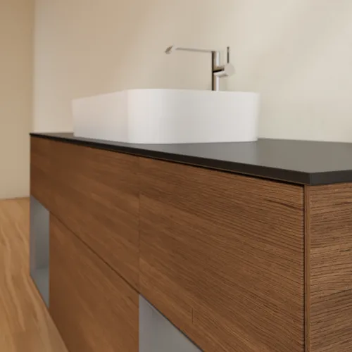Bild von VILLEROY BOCH Finion Waschbeckenunterschrank, mit Beleuchtung, 4 Auszüge, 1600 x 603 x 501 mm, Walnut Veneer / Anthracite Matt Lacquer / Glass Black Matt #F332GKGN