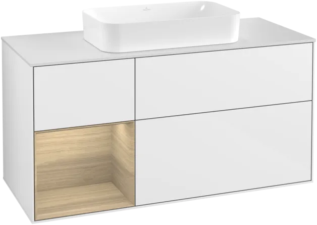 Picture of VILLEROY BOCH Finion Vanity unit, with lighting, 3 pull-out compartments, 1200 x 603 x 501 mm, Glossy White Lacquer / Oak Veneer / Glass White Matt #F291PCGF