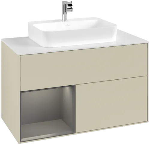 Obrázek VILLEROY BOCH Toaletní skříňka Finion, s osvětlením, 2 výsuvy, 1000 x 603 x 501 mm, hedvábně šedý matný lak / antracitový matný lak / bílé matné sklo #F361GKHJ