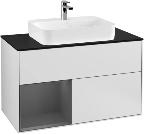 Obrázek VILLEROY BOCH Toaletní skříňka Finion, s osvětlením, 2 výsuvy, 1000 x 603 x 501 mm, bílý matný lak / antracitový matný lak / černé matné sklo #F362GKMT