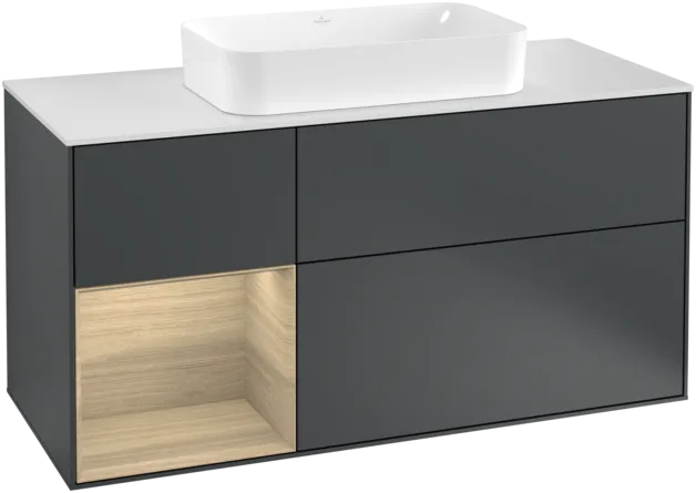 Picture of VILLEROY BOCH Finion Vanity unit, with lighting, 3 pull-out compartments, 1200 x 603 x 501 mm, Midnight Blue Matt Lacquer / Oak Veneer / Glass White Matt #F291PCHG