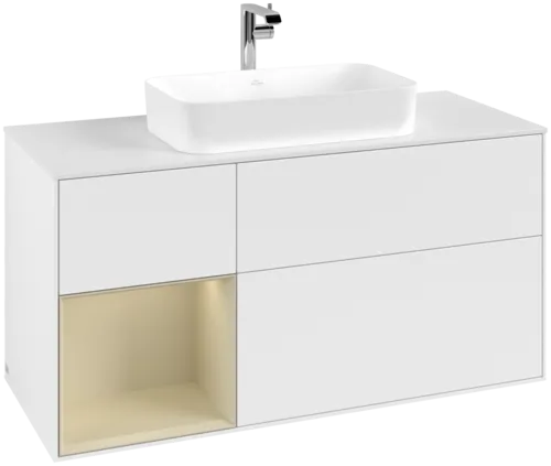 Obrázek VILLEROY BOCH Toaletní skříňka Finion, s osvětlením, 3 výsuvy, 1200 x 603 x 501 mm, bílý matný lak / hedvábně šedý matný lak / bílé matné sklo #F291HJMT