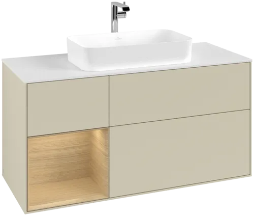 Picture of VILLEROY BOCH Finion Vanity unit, with lighting, 3 pull-out compartments, 1200 x 603 x 501 mm, Silk Grey Matt Lacquer / Oak Veneer / Glass White Matt #F291PCHJ