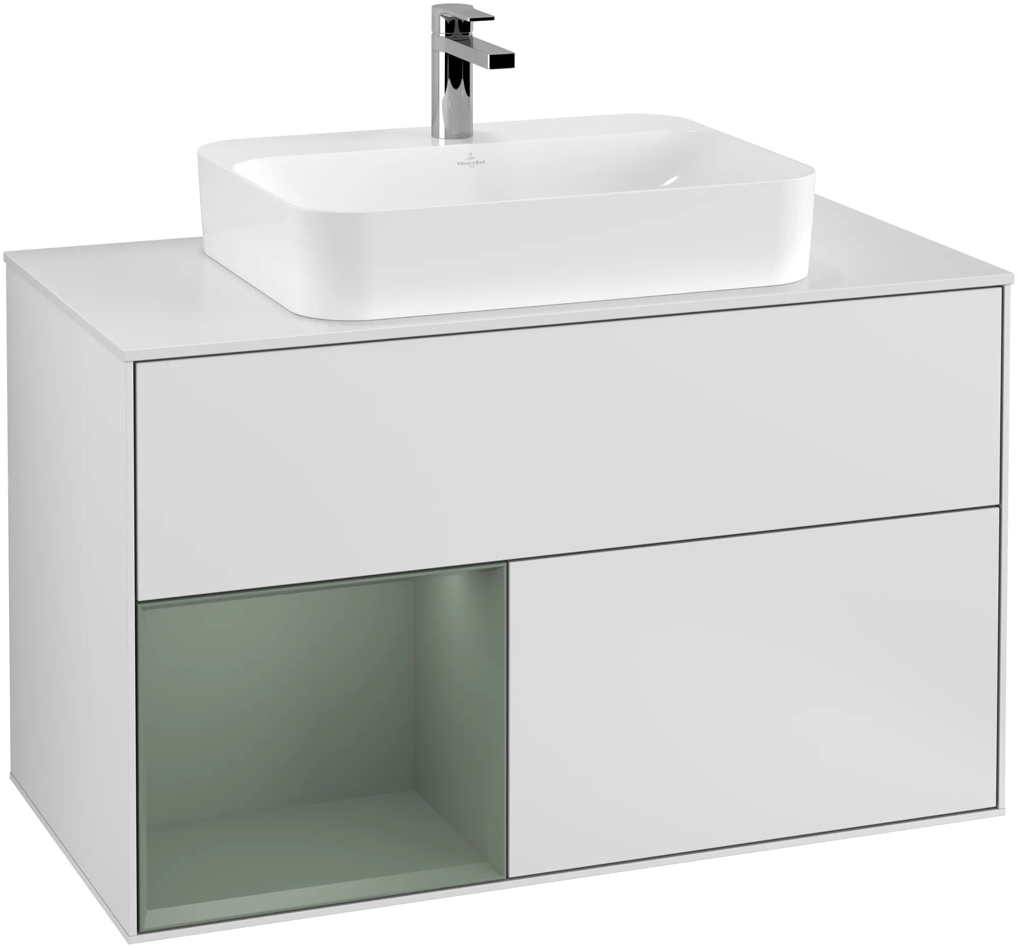 Obrázek VILLEROY BOCH Toaletní skříňka Finion, s osvětlením, 2 výsuvy, 1000 x 603 x 501 mm, bílý matný lak / olivový matný lak / bílé matné sklo #F361GMMT
