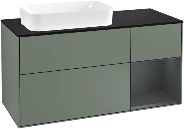 Picture of VILLEROY BOCH Finion Vanity unit, with lighting, 3 pull-out compartments, 1200 x 603 x 501 mm, Olive Matt Lacquer / Midnight Blue Matt Lacquer / Glass Black Matt #F282HGGM