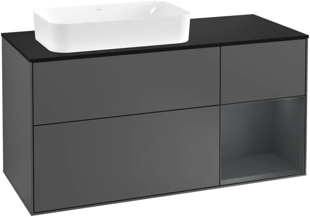 Picture of VILLEROY BOCH Finion Vanity unit, with lighting, 3 pull-out compartments, 1200 x 603 x 501 mm, Anthracite Matt Lacquer / Midnight Blue Matt Lacquer / Glass Black Matt #F282HGGK