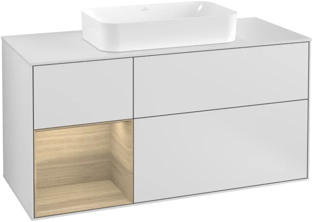 Picture of VILLEROY BOCH Finion Vanity unit, with lighting, 3 pull-out compartments, 1200 x 603 x 501 mm, White Matt Lacquer / Oak Veneer / Glass White Matt #F291PCMT