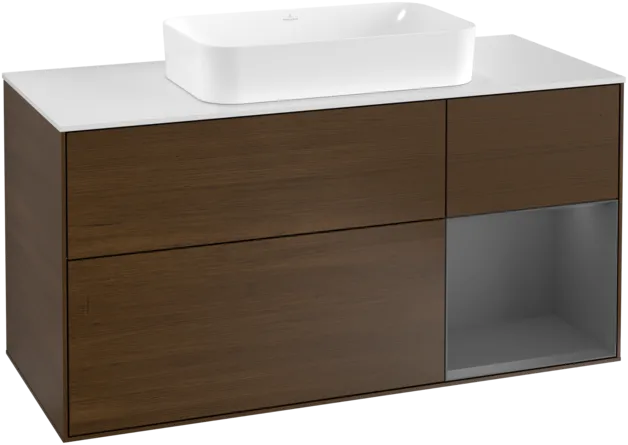 VILLEROY BOCH Finion Vanity unit, with lighting, 3 pull-out compartments, 1200 x 603 x 501 mm, Walnut Veneer / Anthracite Matt Lacquer / Glass White Matt #F301GKGN resmi