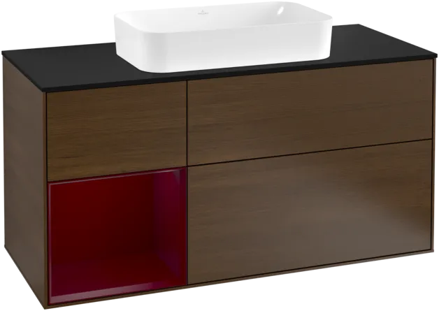 Picture of VILLEROY BOCH Finion Vanity unit, with lighting, 3 pull-out compartments, 1200 x 603 x 501 mm, Walnut Veneer / Peony Matt Lacquer / Glass Black Matt #F292HBGN