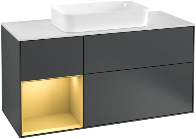 Picture of VILLEROY BOCH Finion Vanity unit, with lighting, 3 pull-out compartments, 1200 x 603 x 501 mm, Midnight Blue Matt Lacquer / Gold Matt Lacquer / Glass White Matt #F291HFHG