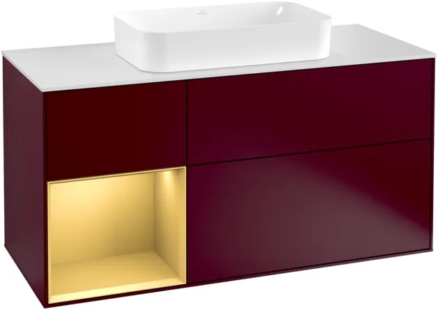 Obrázek VILLEROY BOCH Toaletní skříňka Finion, s osvětlením, 3 výsuvy, 1200 x 603 x 501 mm, Peony Matt Lacquer / Gold Matt Lacquer / Glass White Matt #F291HFHB