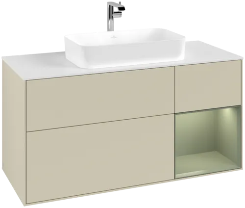 Picture of VILLEROY BOCH Finion Vanity unit, with lighting, 3 pull-out compartments, 1200 x 603 x 501 mm, Silk Grey Matt Lacquer / Olive Matt Lacquer / Glass White Matt #F301GMHJ