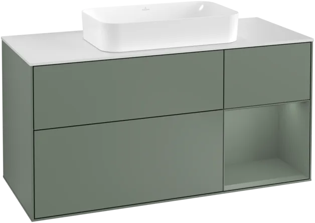 Picture of VILLEROY BOCH Finion Vanity unit, with lighting, 3 pull-out compartments, 1200 x 603 x 501 mm, Olive Matt Lacquer / Olive Matt Lacquer / Glass White Matt #F301GMGM
