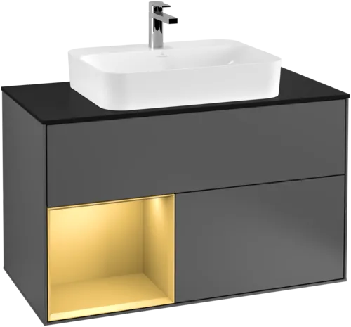 Obrázek VILLEROY BOCH Toaletní skříňka Finion, s osvětlením, 2 výsuvy, 1000 x 603 x 501 mm, antracit matný lak / zlatý matný lak / černé matné sklo #F362HFGK
