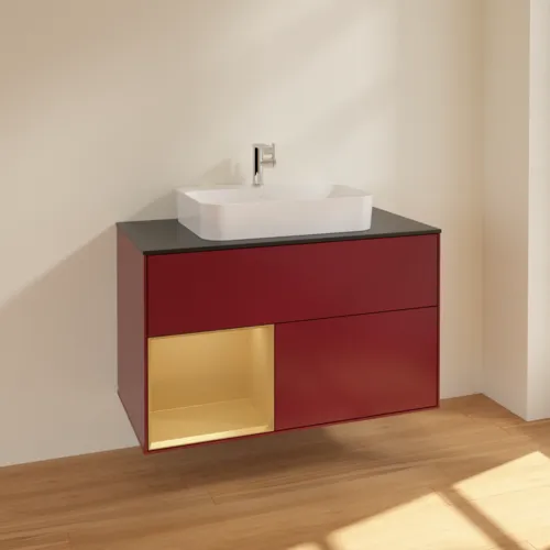 VILLEROY BOCH Finion Waschbeckenunterschrank, mit Beleuchtung, 2 Auszüge, 1000 x 603 x 501 mm, Peony Matt Lacquer / Gold Matt Lacquer / Glass Black Matt #F362HFHB, Bild 2