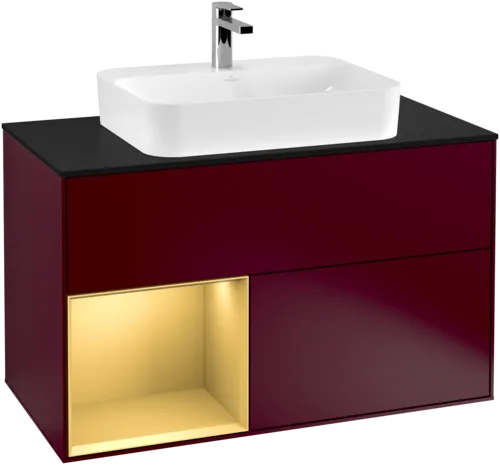 Obrázek VILLEROY BOCH Toaletní skříňka Finion, s osvětlením, 2 výsuvy, 1000 x 603 x 501 mm, Peony Matt Lacquer / Gold Matt Lacquer / Glass Black Matt #F362HFHB