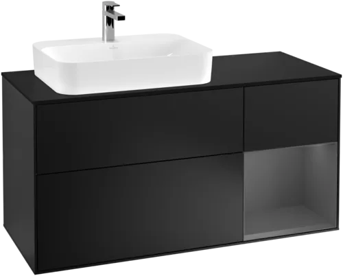 Obrázek VILLEROY BOCH Toaletní skříňka Finion, s osvětlením, 3 výsuvy, 1200 x 603 x 501 mm, černý matný lak / antracitový matný lak / černé matné sklo #F402GKPD