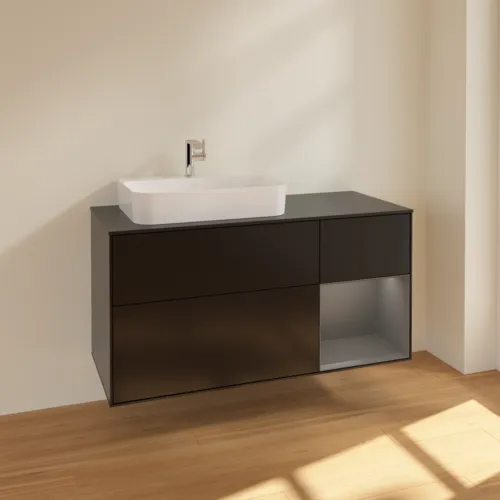 Bild von VILLEROY BOCH Finion Waschbeckenunterschrank, mit Beleuchtung, 3 Auszüge, 1200 x 603 x 501 mm, Black Matt Lacquer / Anthracite Matt Lacquer / Glass Black Matt #F402GKPD
