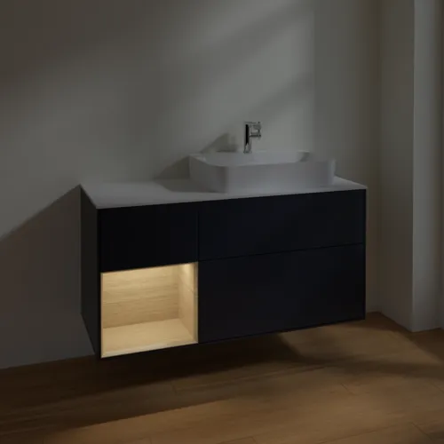 VILLEROY BOCH Finion Waschbeckenunterschrank, mit Beleuchtung, 3 Auszüge, 1200 x 603 x 501 mm, Midnight Blue Matt Lacquer / Oak Veneer / Glass White Matt #F391PCHG, Bild 5