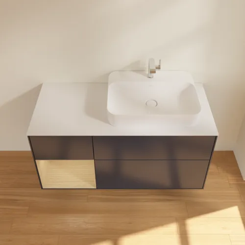VILLEROY BOCH Finion Waschbeckenunterschrank, mit Beleuchtung, 3 Auszüge, 1200 x 603 x 501 mm, Midnight Blue Matt Lacquer / Oak Veneer / Glass White Matt #F391PCHG, Bild 4