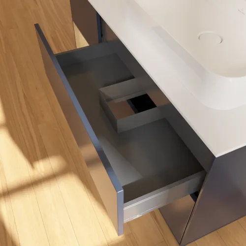 VILLEROY BOCH Finion Waschbeckenunterschrank, mit Beleuchtung, 3 Auszüge, 1200 x 603 x 501 mm, Midnight Blue Matt Lacquer / Oak Veneer / Glass White Matt #F391PCHG, Bild 8