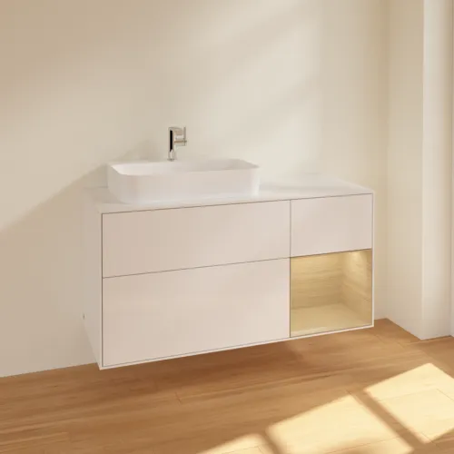 Bild von VILLEROY BOCH Finion Waschbeckenunterschrank, mit Beleuchtung, 3 Auszüge, 1200 x 603 x 501 mm, Glossy White Lacquer / Oak Veneer / Glass White Matt #F401PCGF